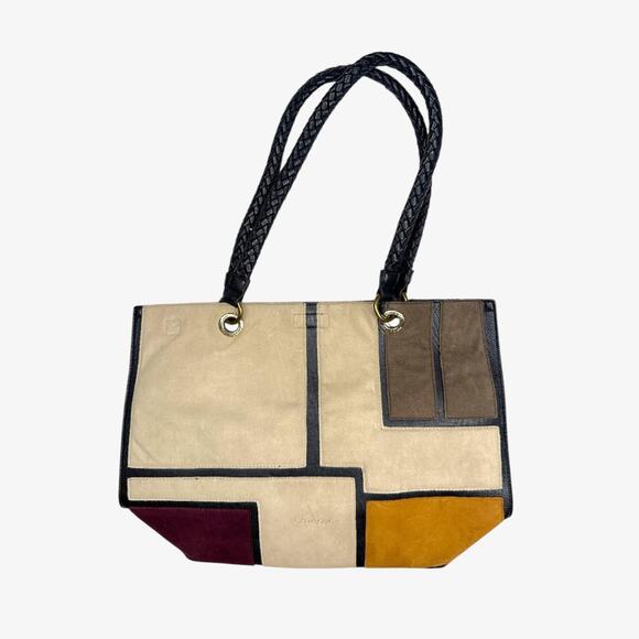 Tan brown geometric print leather tote bag work university class bag - Picture 1 of 8